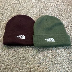 NWOT dark purple green north face beanies